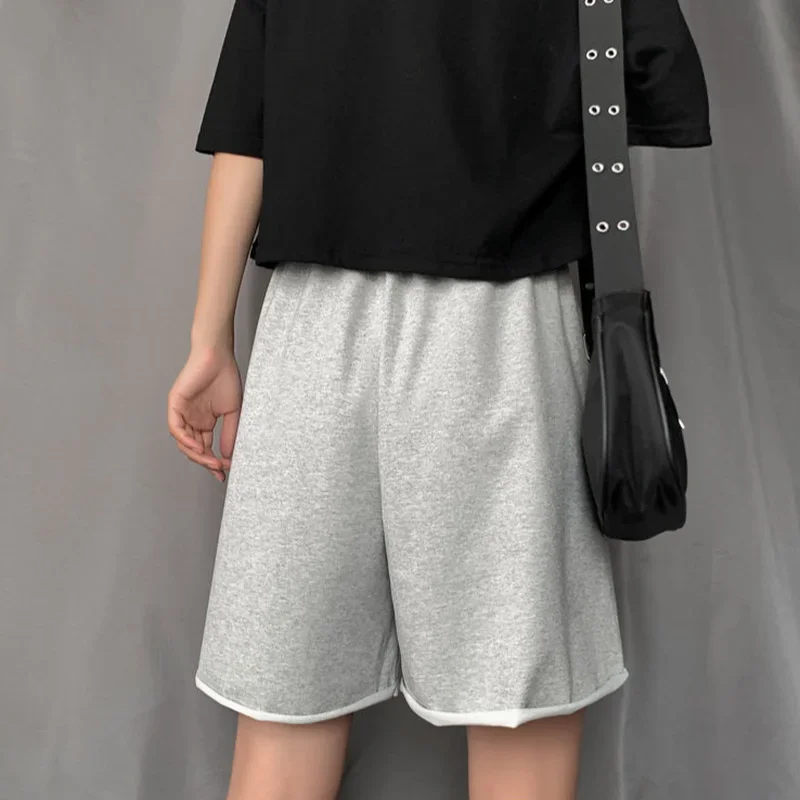 Calções femininos na altura do joelho streetwear lazer sólido cordão solto verão novo unisex friso estilo japonês chique na moda ulzzang