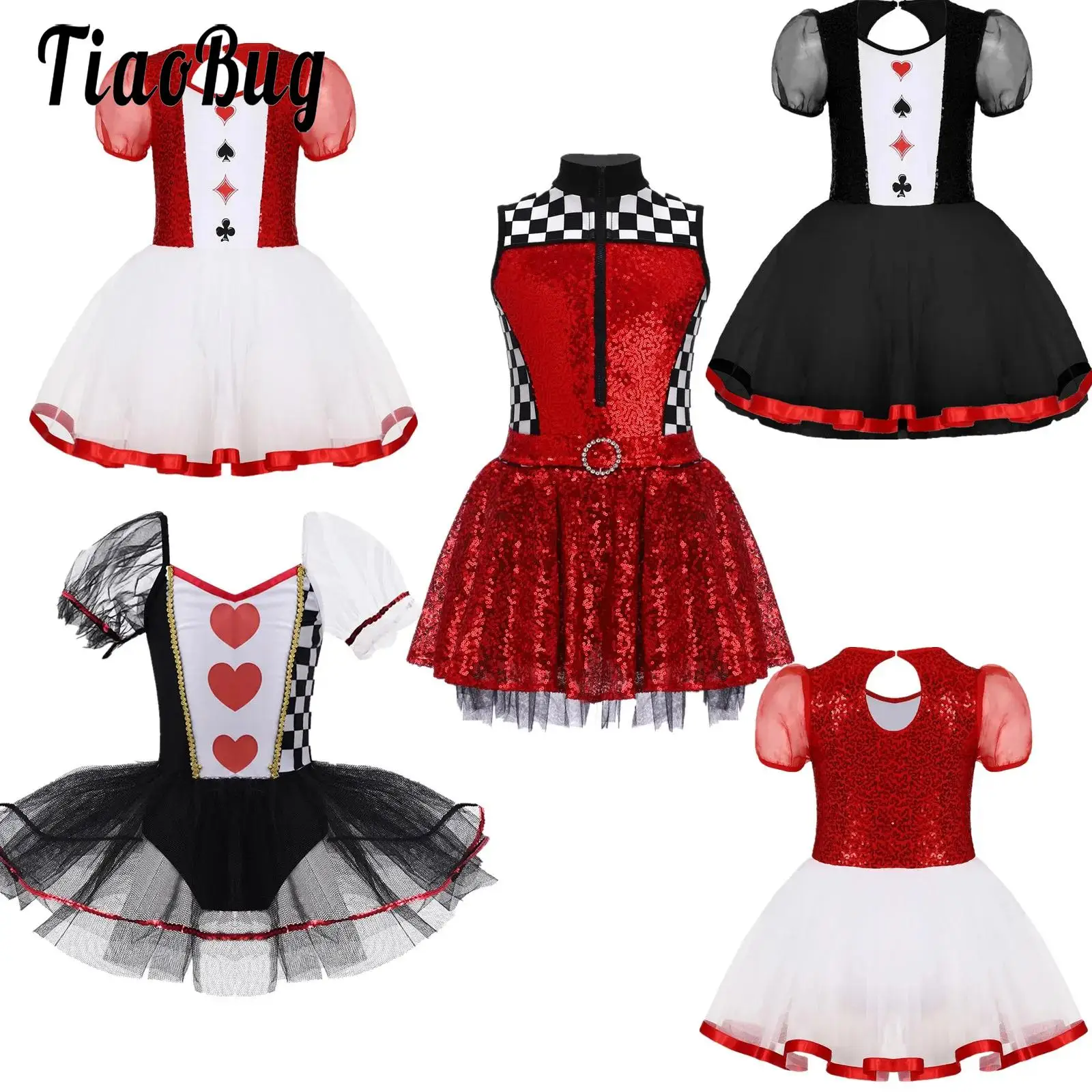 Kids Girls Queen Clown Costume Ballet Tutu Dress Gymnastics Leotards Short Sleeve Print Tulle Dress for Halloween Fancy Dress Up
