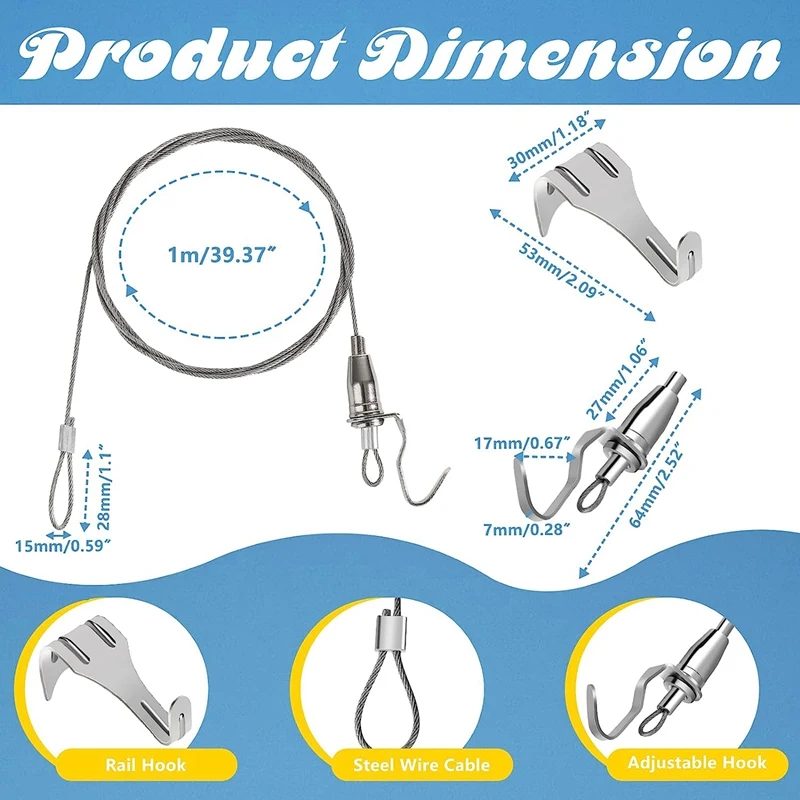 Sturdy Picture Rail Hanging System, Kit de ganchos de arame ajustável, Cabo com Loop, 3Ft Comprimento, 88 Lb 40 Kg Max Load Capacity