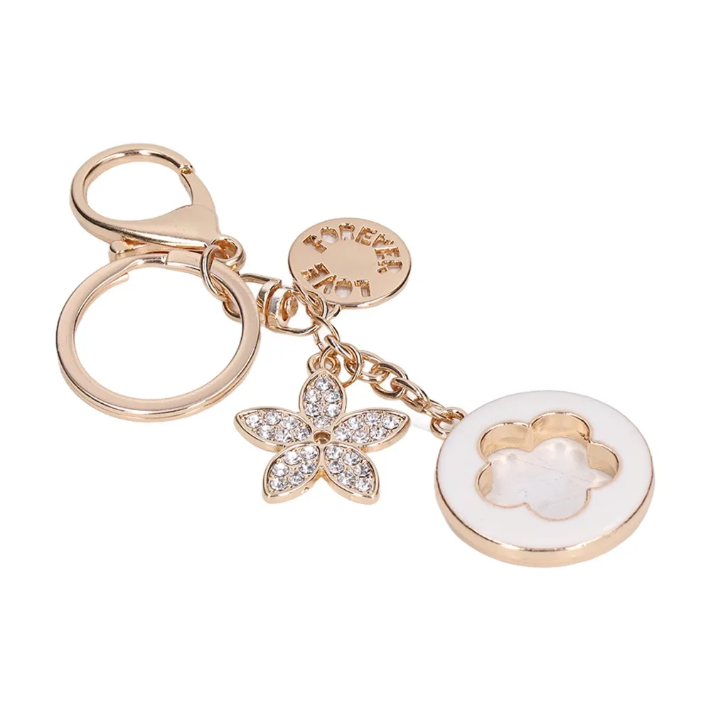2pcs White Flowers Charms Five Leaf Clover Keychain Tassel Keyring Chain Accessories Crystal Rhinestones Keychain