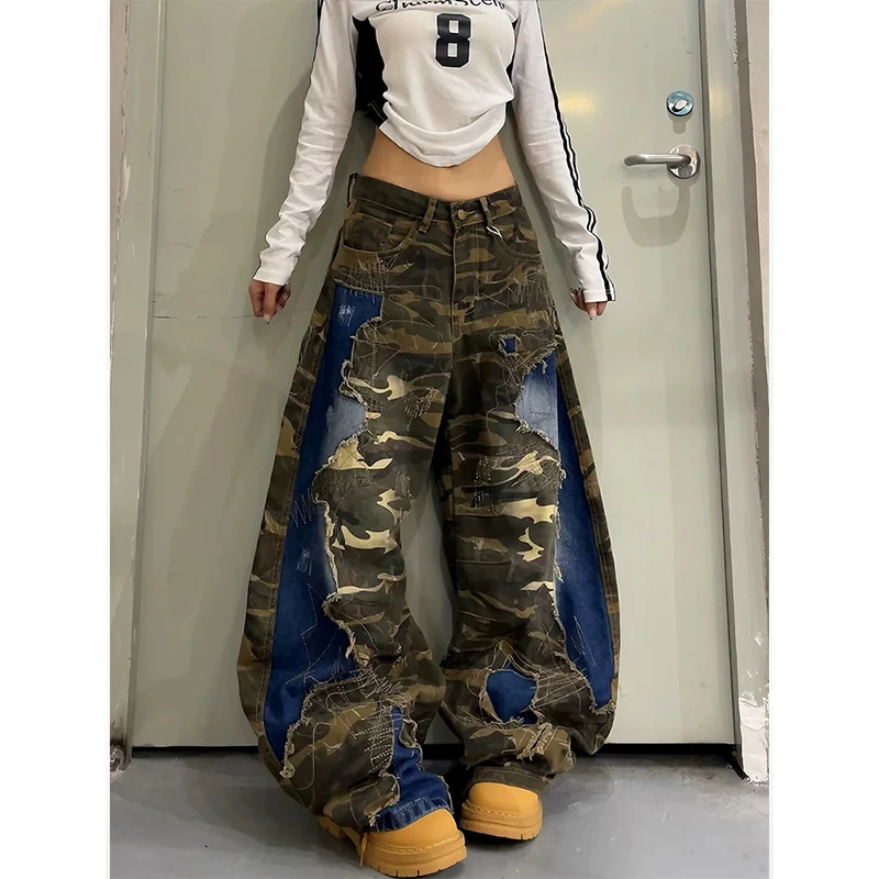 American Style Vintage Street Style Camouflage Patchwork Women's Jeans With Casual Frayed Edges Wide Leg Pants Autumn New