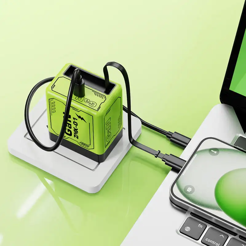 Pengisi Daya GaN 120W Dual USB C PD 3.0 dengan Kabel Dapat Ditarik - Colokan Lipat Pengisian Cepat untuk iPhone Samsung Huawei, 100-240V Perjalanan