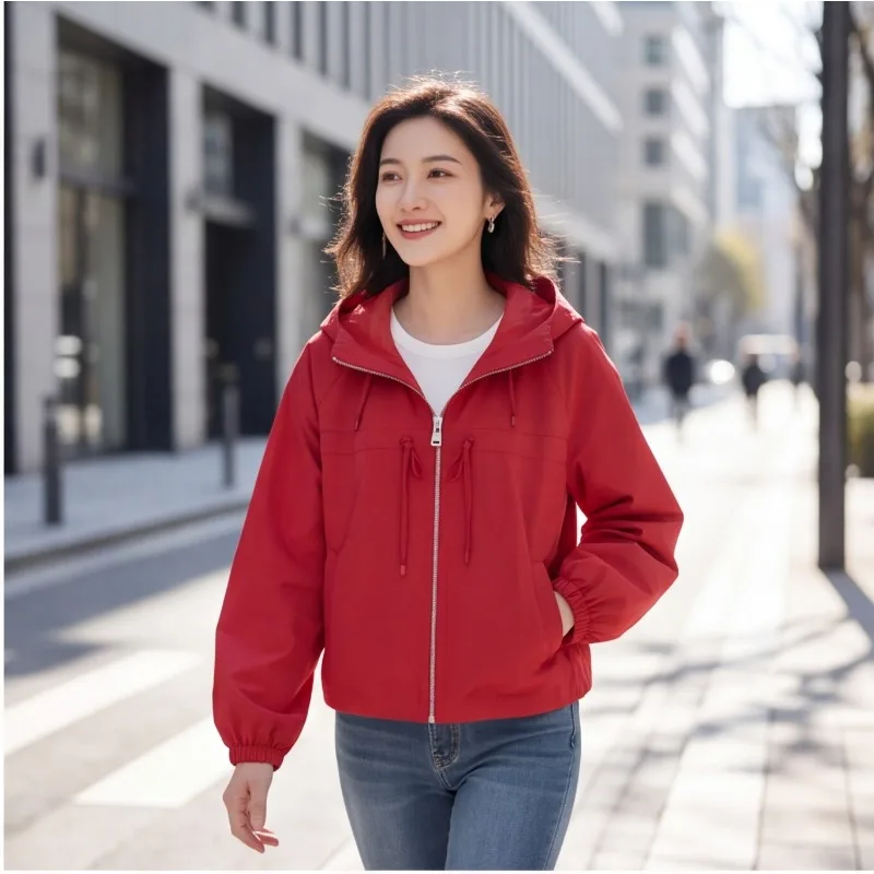 2026 Fall New Women's Classic Commuter Red Long-Sleeve Drawstring Hoodie Casual Fashion Versatile Jacket