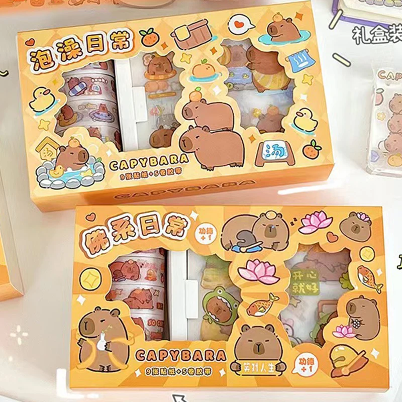 14Pcs/Box Capybara Cute Cartoon Stickers Washi Tape Gift Box Set DIY Collage Material Journal Scrapbooking kids Stationery gift