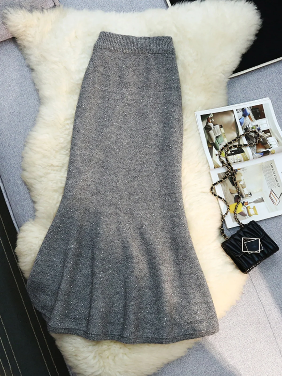 Shiny Diamond Knitted Half Skirt Women's Autumn Winter New High Waist A-Line Fish Tail One Step Wrap Body Long Skirt