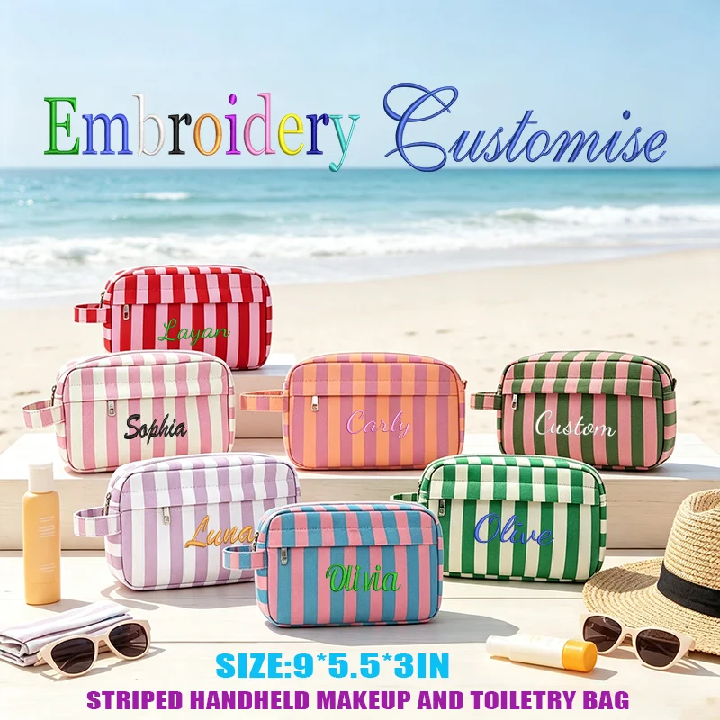 Striped Hand-Held Toiletry Bag with Dual Compartment Storage, Portable for Travel, Suitable for Commuting, Vacation, Beach, Party, Creative Gifts, Birthday, Anniversary, Back-To-School Season, Graduation Season