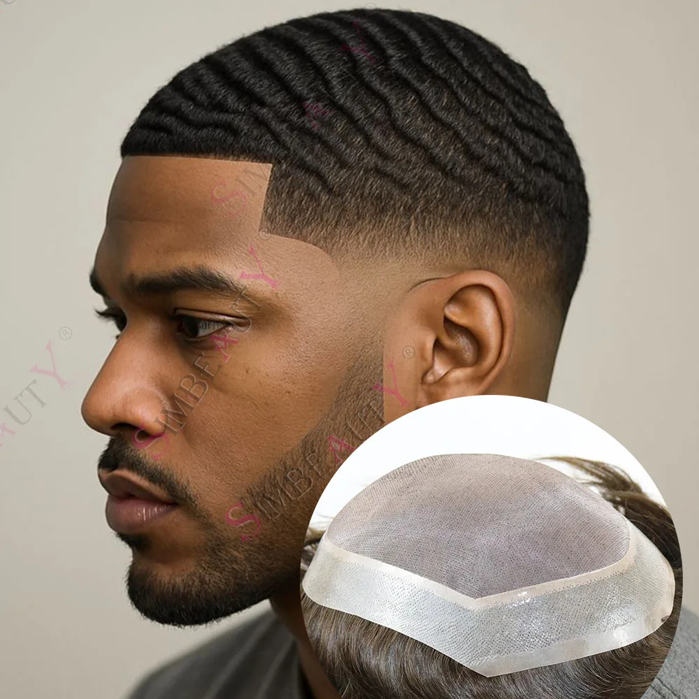 

10mm Wave Curly Hairpiece Male Hair Prosthesis Sweatproof Toupee HumanHair Male Wig Mono Lace Poly Toupet Exhuast System Men Wig