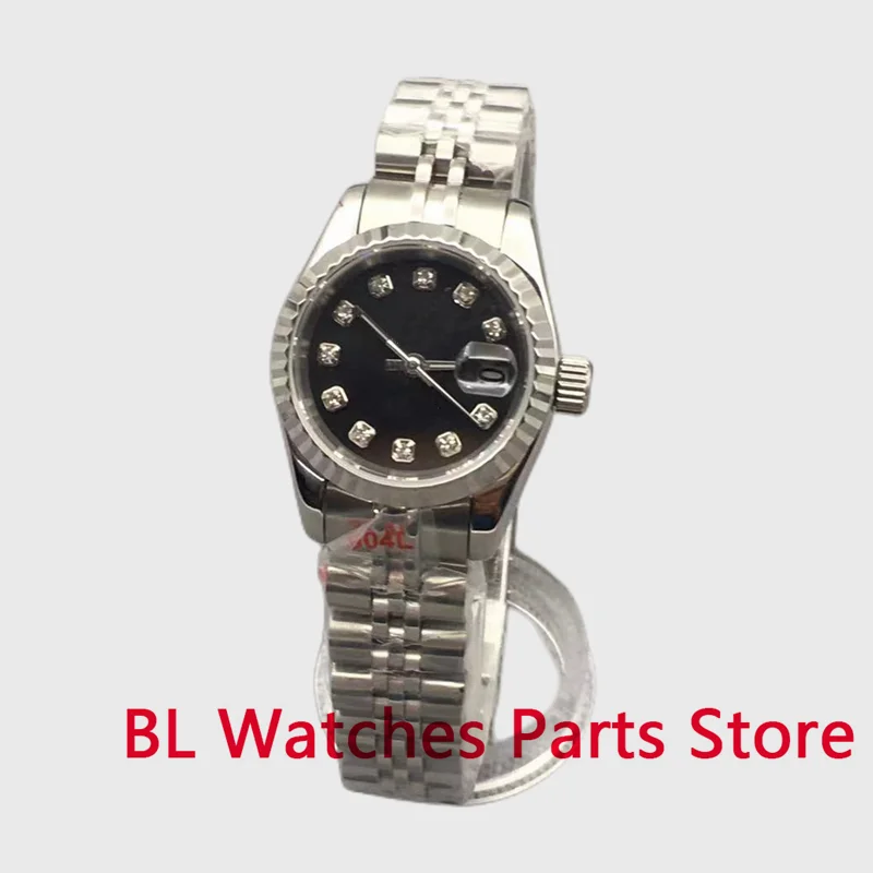 BLIGER 26mm Women Mechanical Watch Japan NH05A Movement Sapphire Crystal Silver Case Stainless Steel Fluted Bezel Jubilee Strap