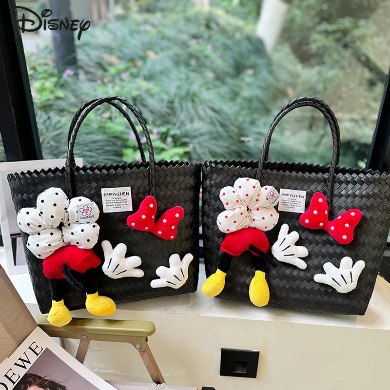 Disney Mickey Minnie Shoulder Bag Fashion Weaving Large Capacity Straw Plastic Weaving Beach Bag Handbag Vacation Outdoor Use