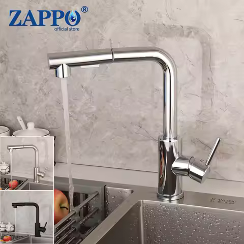 ZAPPO Kitchen Basin Sink Faucet 360 Swivel Vessel Sink Mixer Pull Out Spout Hot and Cold Water Taps Faucets Deck Mounted