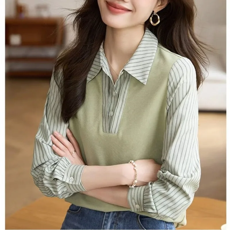 Women\'s Pullover Patchwork Stripe Fake Two Piece Shirt Set Spring and Autumn Women\'s Fashion Polo Neck Long Sleeve Casual Tops