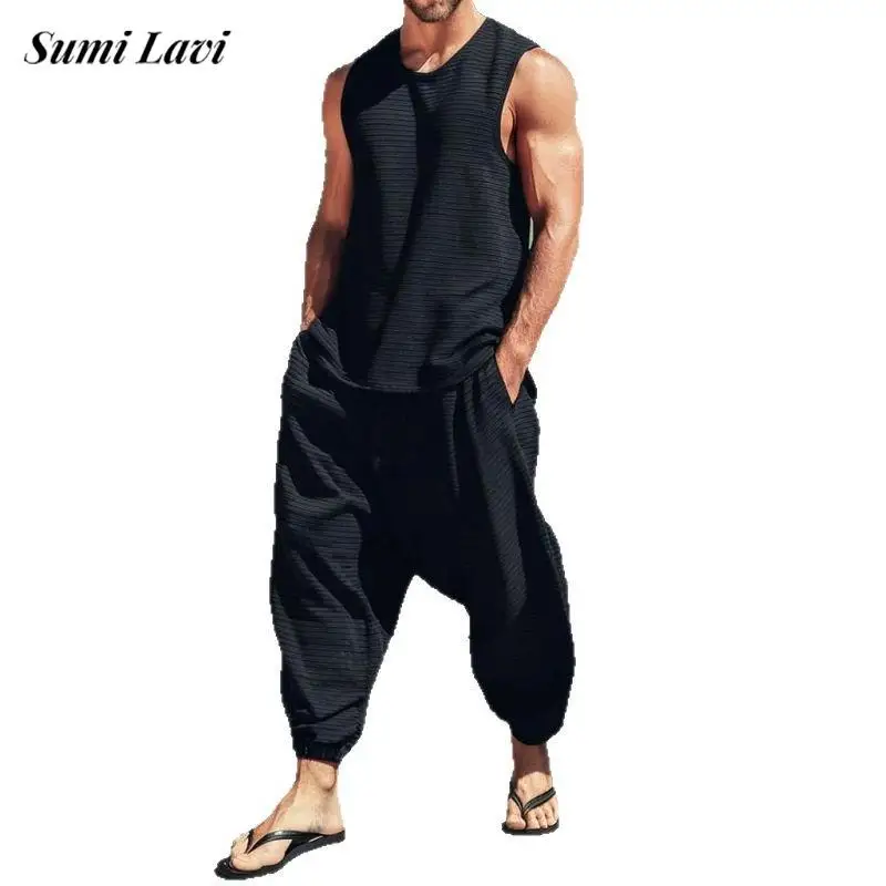 

Vacation Seaside Beach Two Piece Sets Mens Vintage Harren Pants And Tank Tops Men Outfits Summer Fashion Solid Color Loose Suits