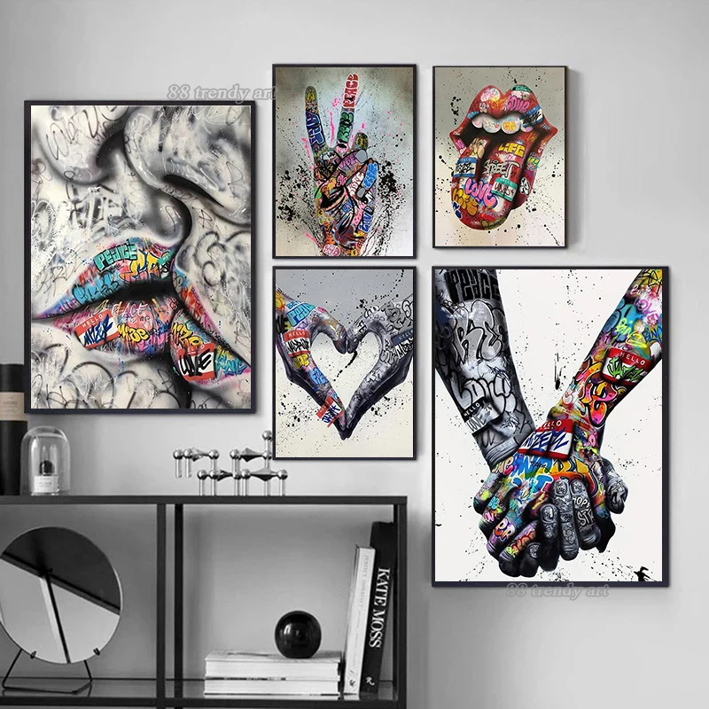 Mouth Couple Kissing Gesture Love Heart Graffiti Art Canvas Painting Street Art Posters Cuadros Abstract Picture Home Wall Decor