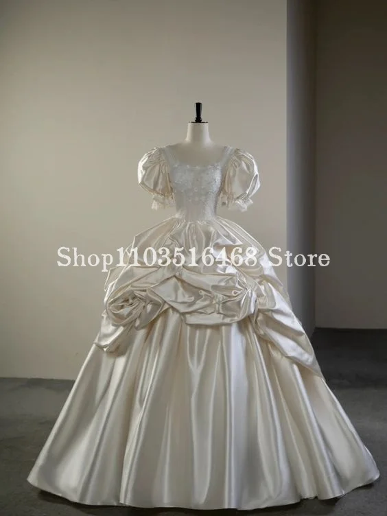 Historical Ivory Victorian Prom Dress Satin Square Neck Bubble Sleeve Pleated Long Renaissance Party Princess Dress فساتين سهرة