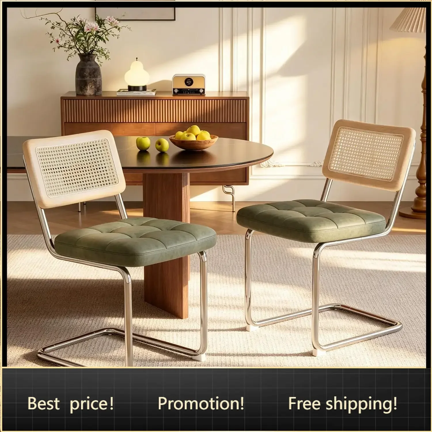 Rattan Dining Chairs, Faux Leather Dining Chairs Set of 2 | Upholstered Dining Chairs, Mid Century Modern Cantilever Side