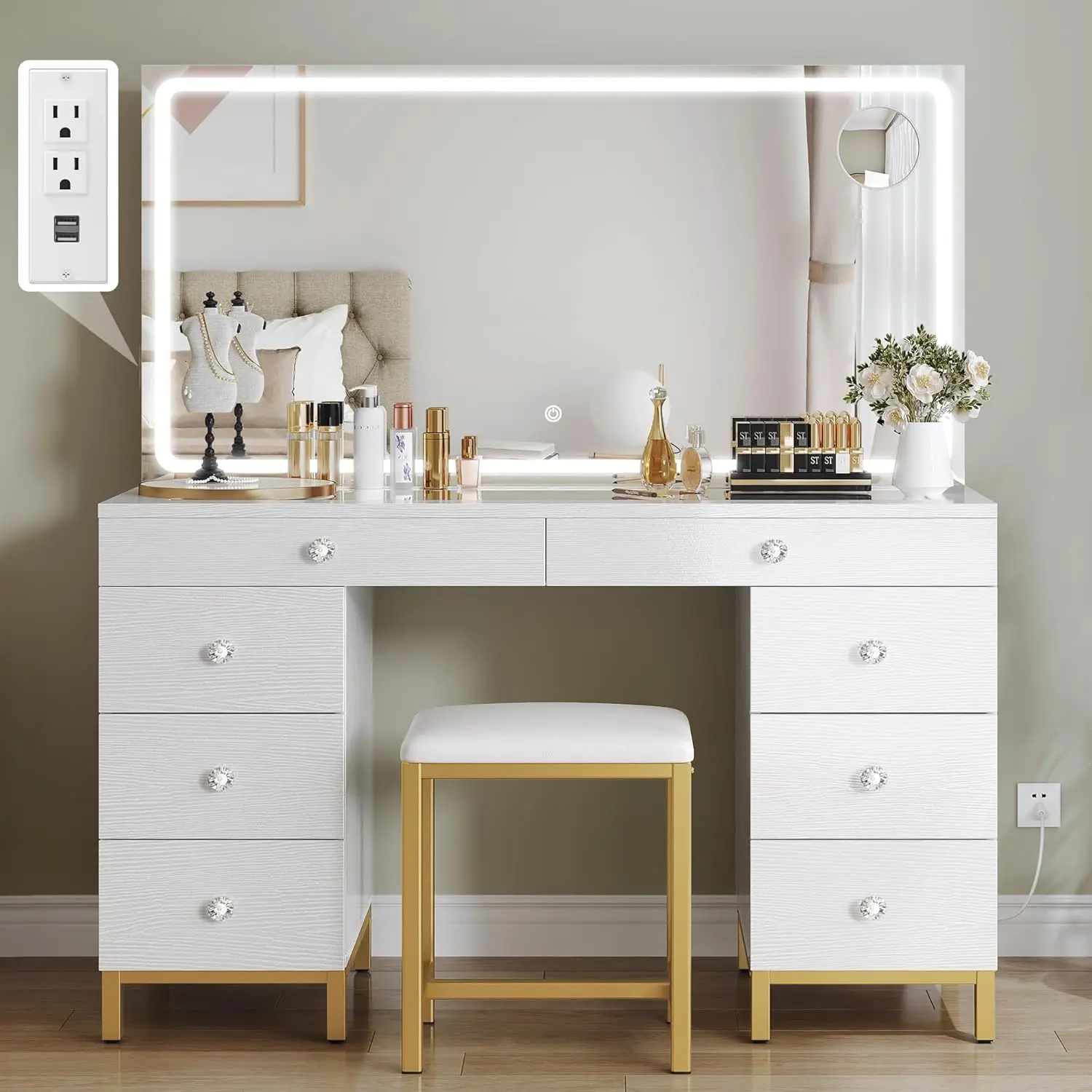 Vanity Desk with Mirror, Power Outlet and Magnifying Glass, Makeup Table with 8 Drawers