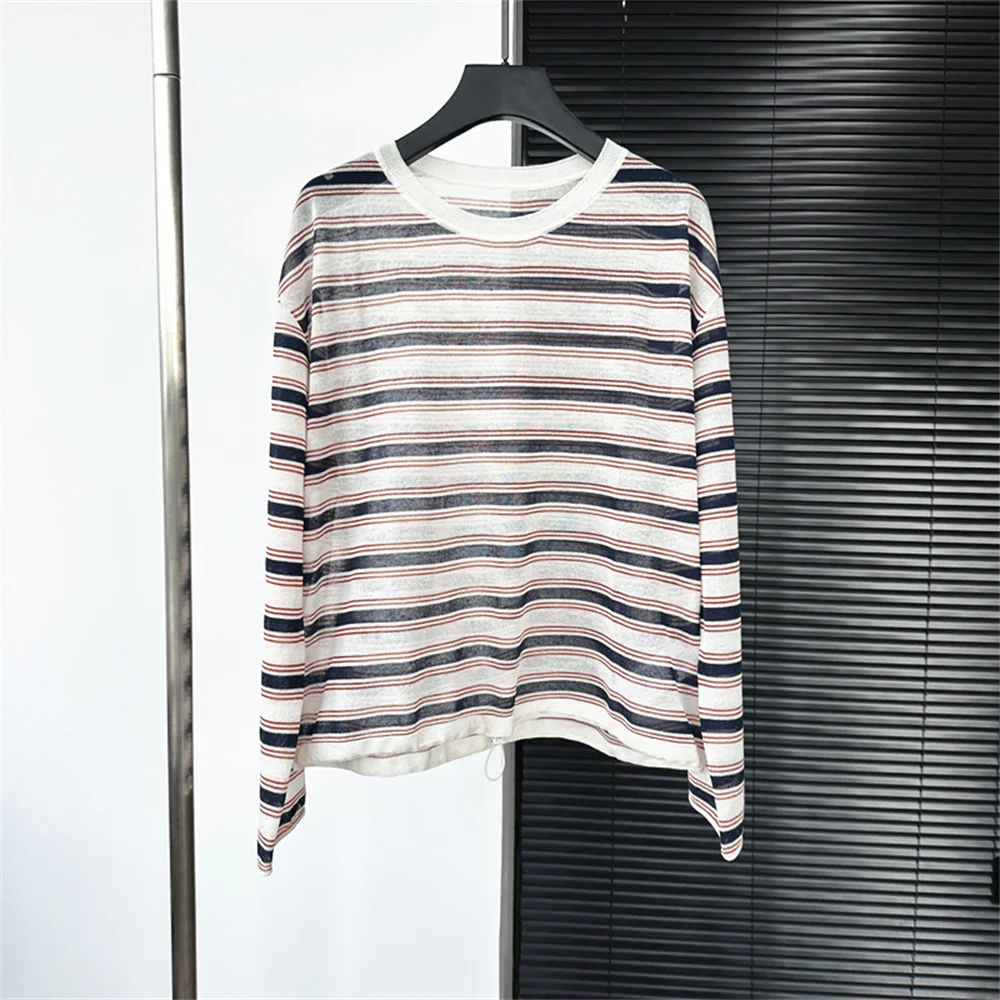 2026 Summer New Clothes Crew Neck Long Sleeve Top Color Block Striped Hem Drawstring Loose Linen Blend Knit Sweater