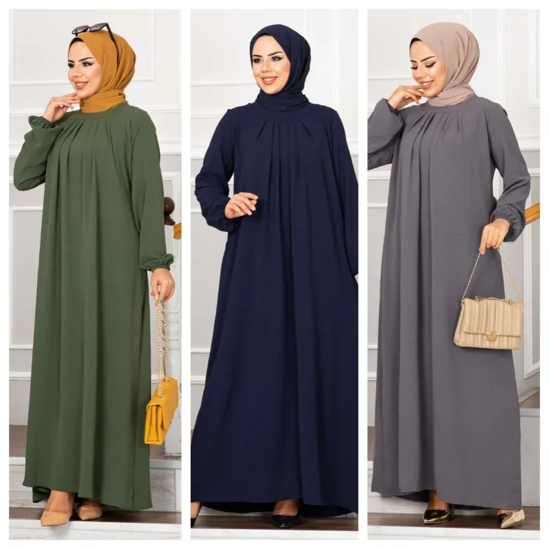 

2025 NEW Muslim Abaya Dress for Women Islam Abaya Pleated Robe Solid Loose Women's Dress for Middle East Arabia