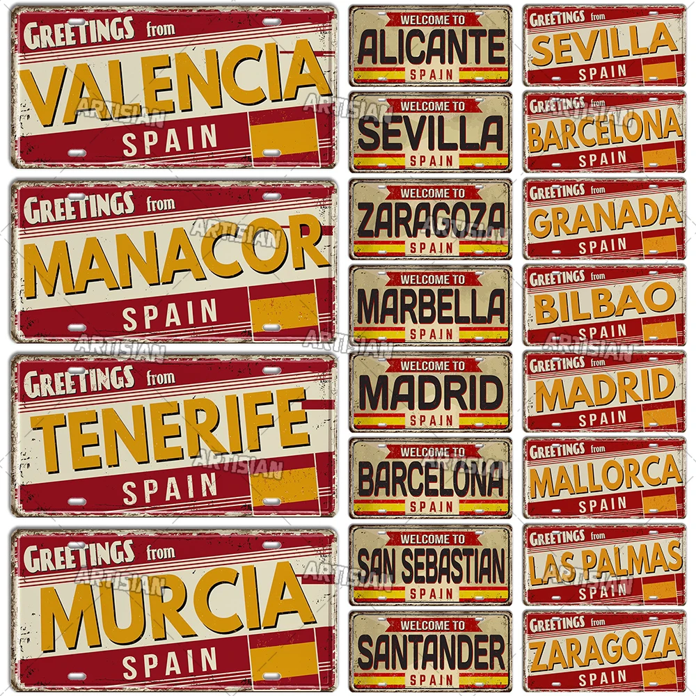 Artisian SPAIN License Plate Landmark Metal Sign City State Decorative Plaque Wall Decor Garage Bar Pub Club Hotel Cafe Kitchen