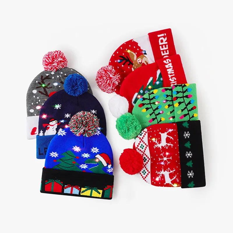 Christmas Knitted Beanie Hats with LED Light Elk Horn Xmas Hats Christmas Decoration