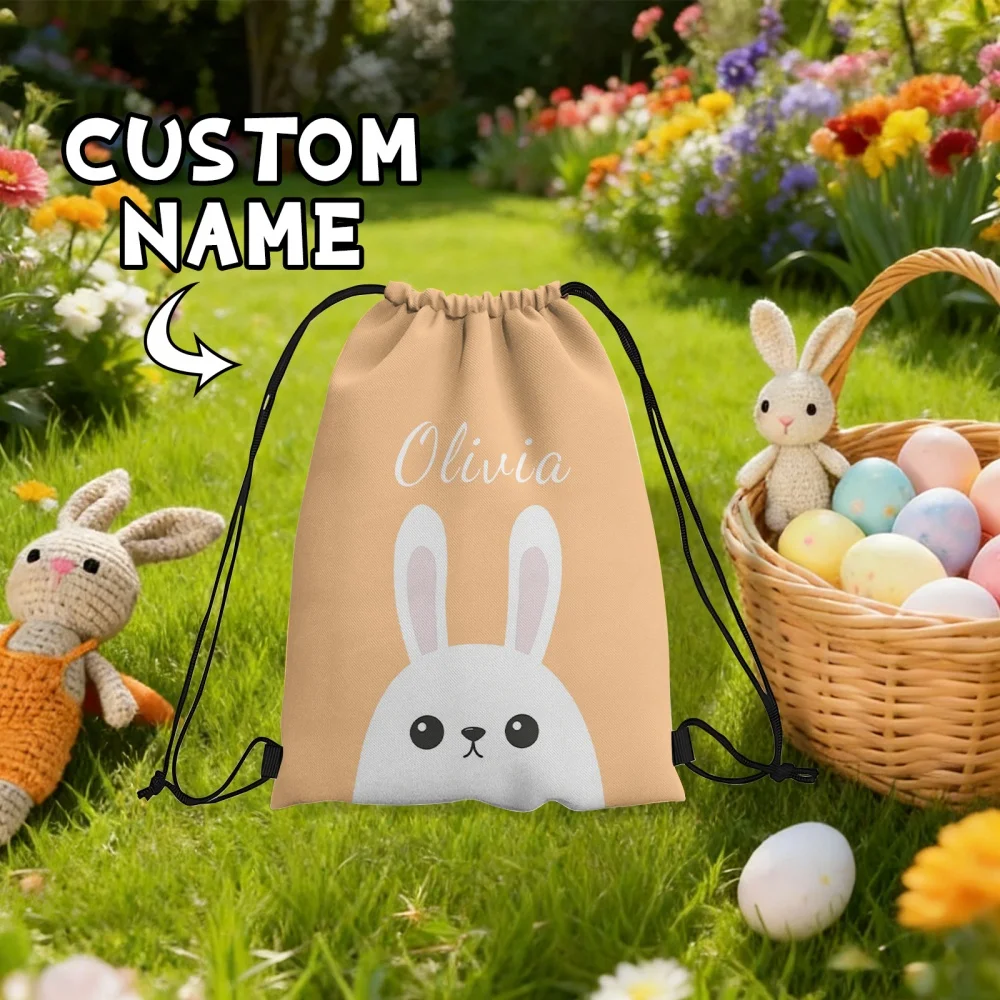 Personalized Easter Bunny Drawstring Backpack Custom Name Kids Sack Bag,Drawstring Bag Ideal for Easter Egg Hunt Outdoor Gift