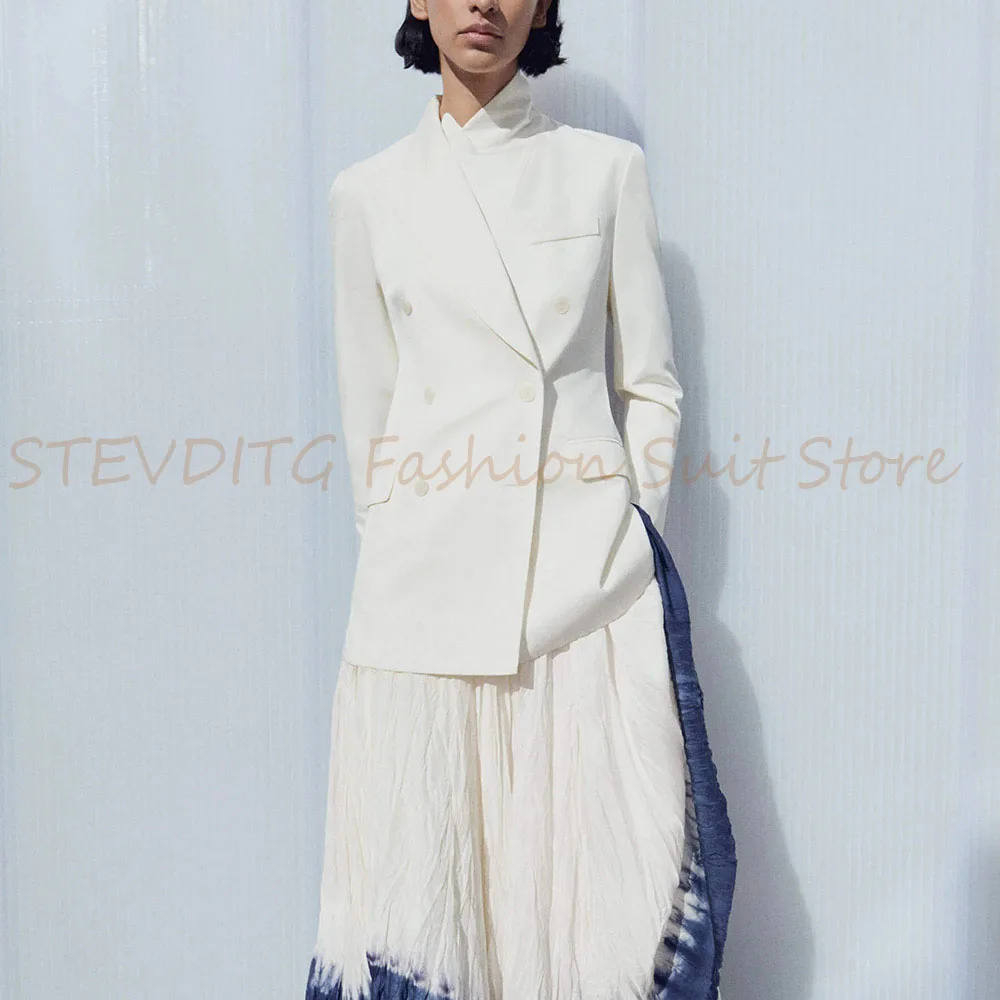 

Classic White Women's Suit Blazer Double Breasted Peak Lapel Short Slim Coat Chic Banquet Wedding Office 1 Piece Female Clothing
