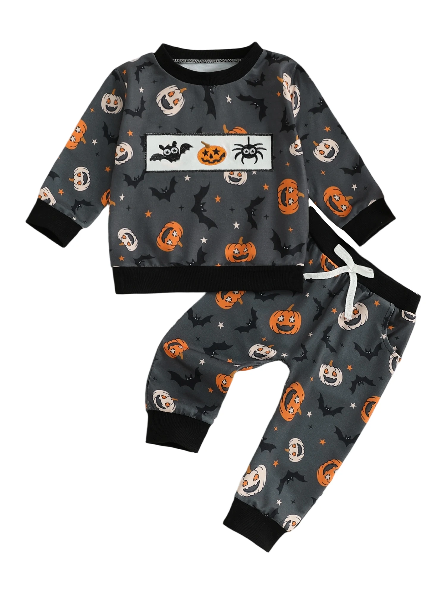 Infant Boys Autumn Ensemble Adorable 2-Piece Halloween Outfit with Pumpkin and Bat Design Pullover and Matching Pants