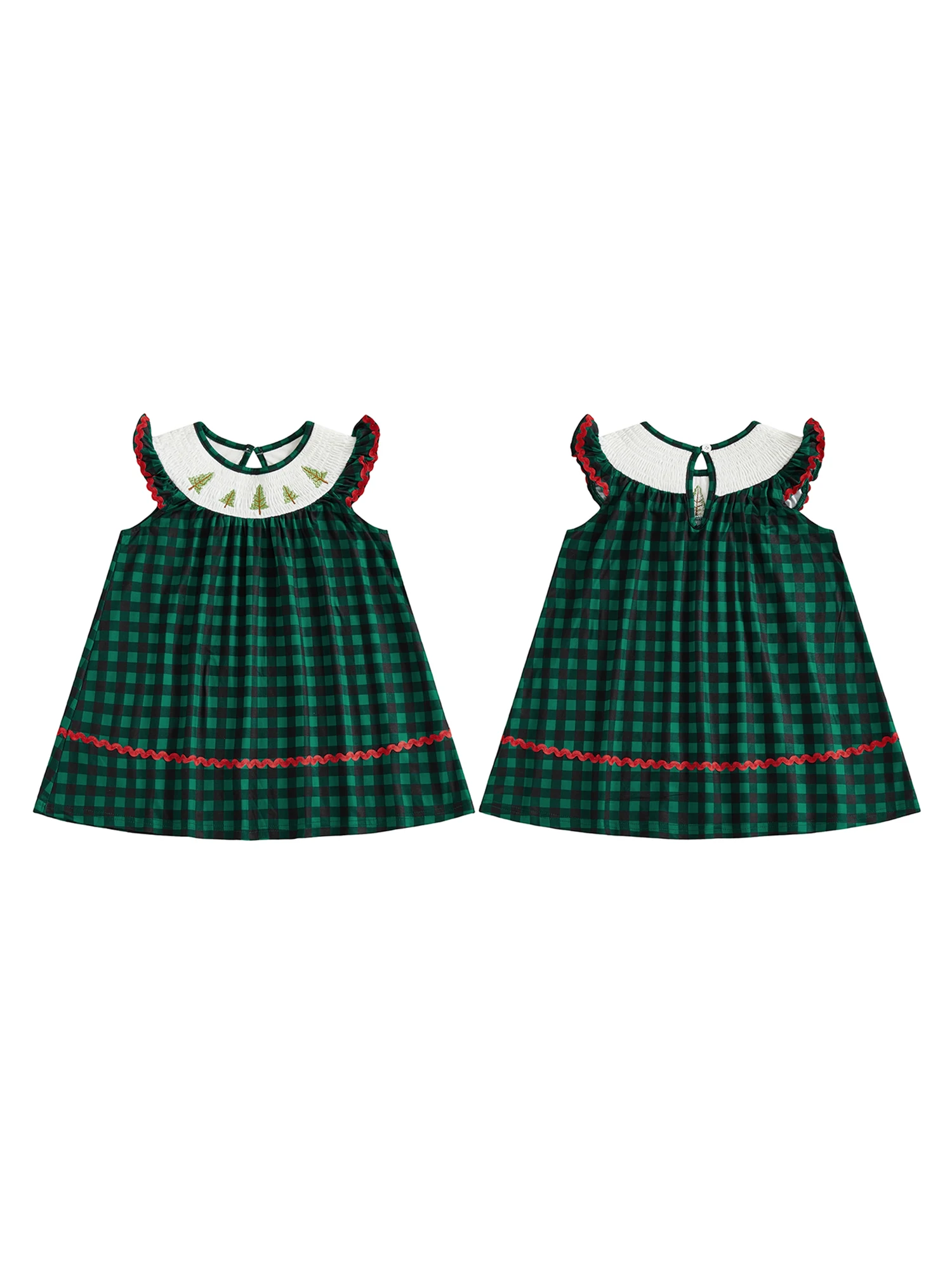 

Child Girl Holiday Plaid Dress with Festive Tree Embroidery Flutter Sleeves and Smocked A-Line Design