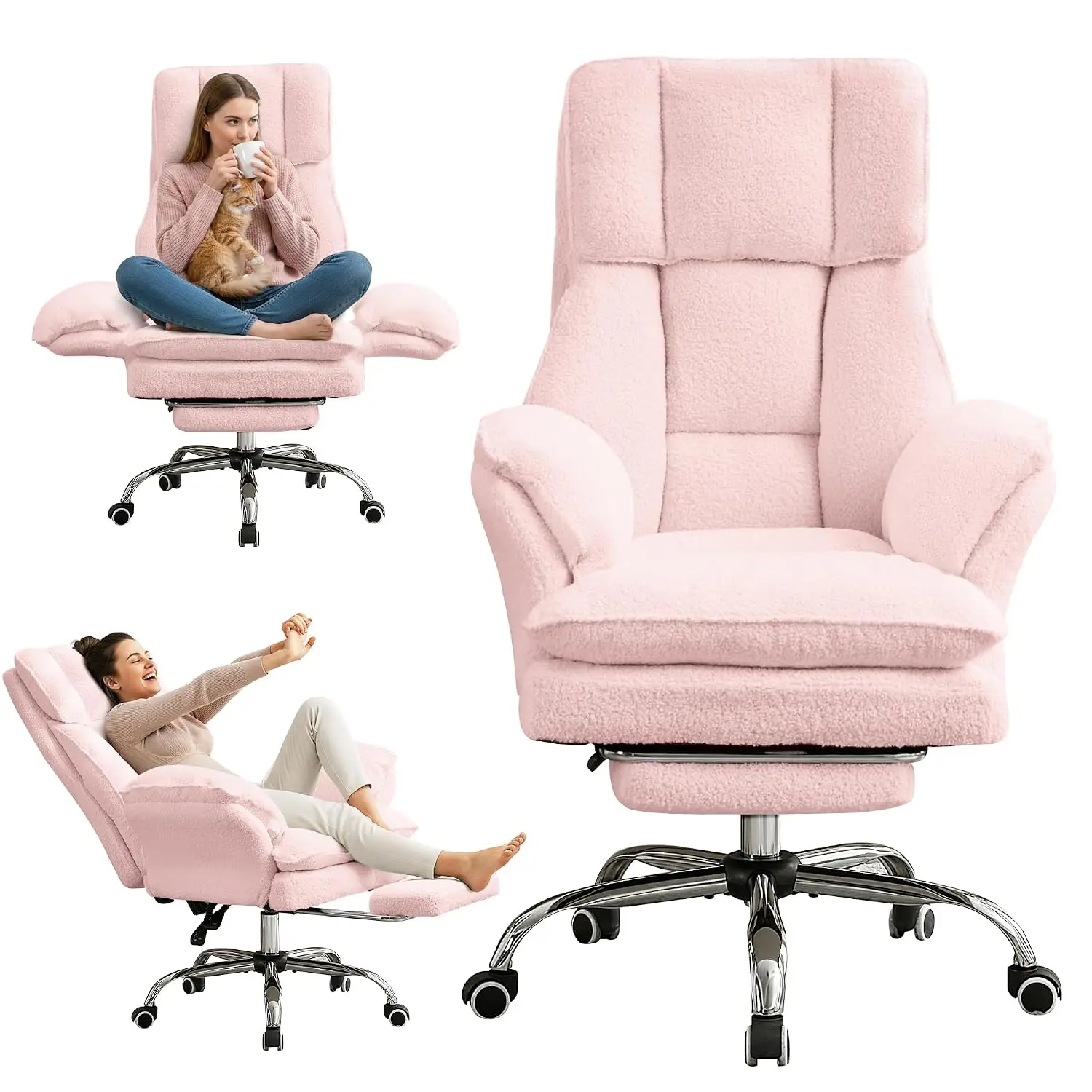 Cloud Cross Legged Office Chair with Footrest,Flip Armrest,Pink