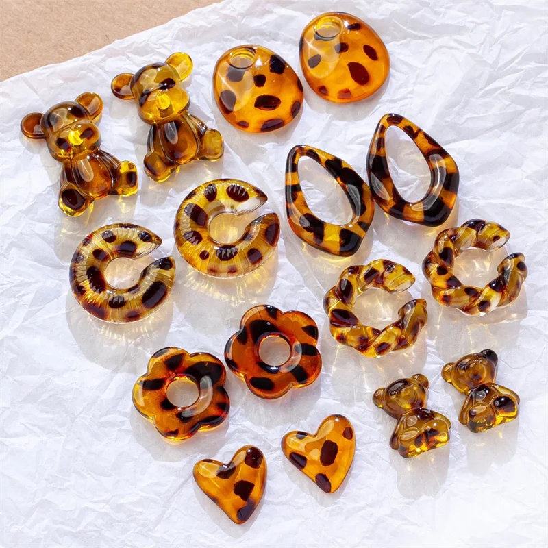 Newest 50pcs/lot color Leopard print cartoon flowers/hearts/bear shape resin beads diy jewelry garment/hair accessory