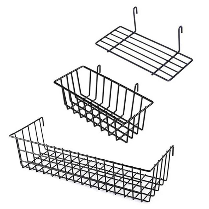 3 Pcs Hanging Basket Straight Shelf Flower Pot Display Holder For Wire Wall Grid Panel, Bread Basket Iron Rack