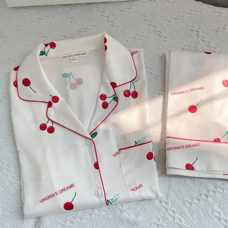 

﻿New Red Cherry Ice Silk Pajamas Women's Long Sleeved Pants Set Silk Home Clothes Autumn and Winter Ladies Sleepwear Homewear