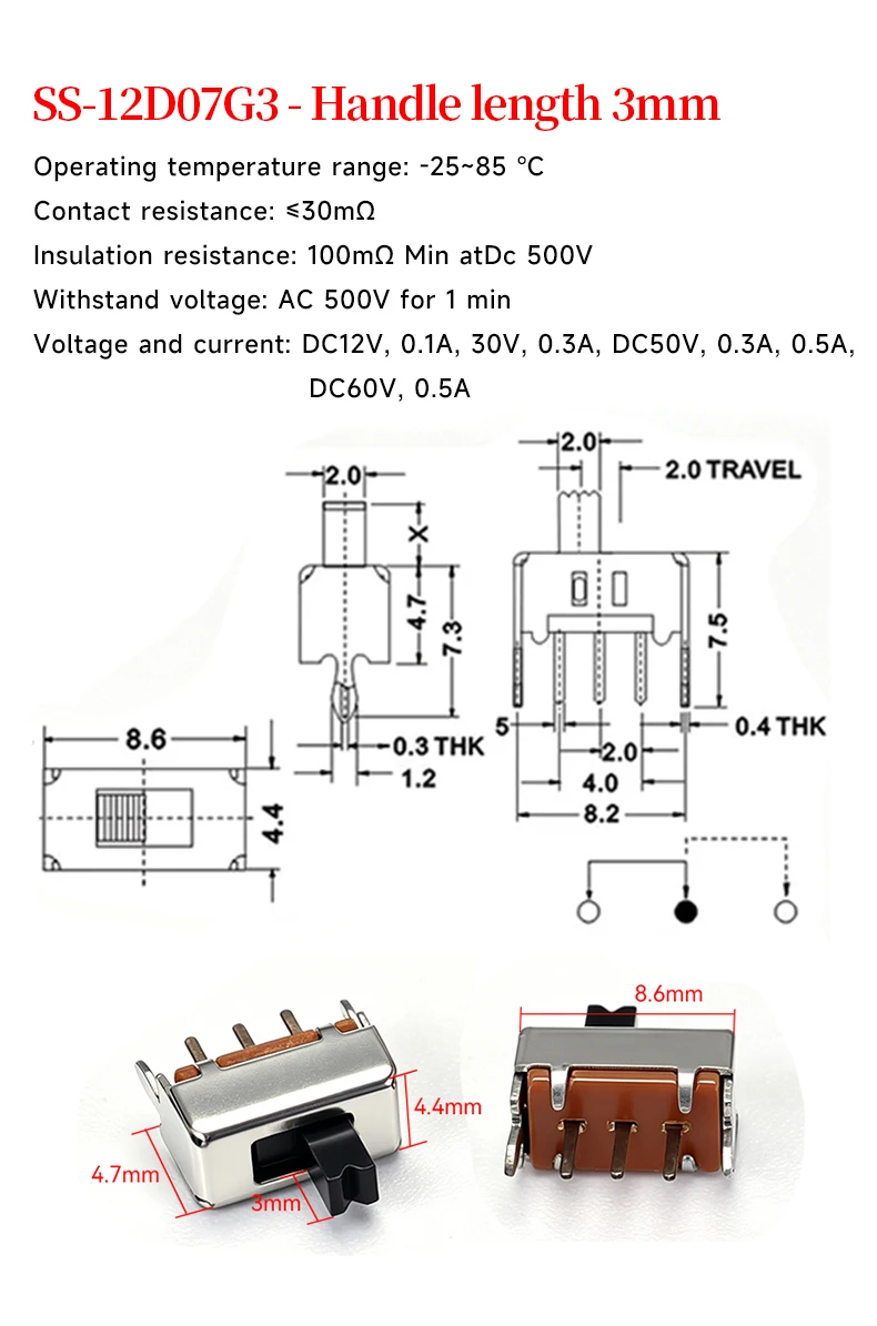 5 Stück Einreihiger Gerader Stecker Stromschalter SS-12D07G3 3mm Kippgriff Länge Langlebige Elektronische Komponente – Detail 1