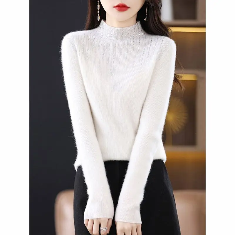 Autumn and Winter Women's Pullover Half High Neck Long Sleeve Slim Fit Solid Diamonds Knitted Bottom Fashion Casual Tops