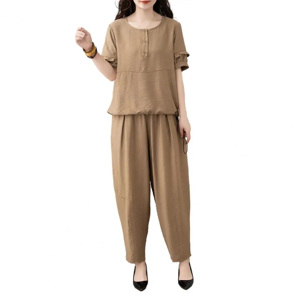 ชุดเสื้อผ้าผู้หญิงทรงหลวมชุดผ้าลินินผ้าฝ้ายผู้หญิงมีสไตล์ชุด 2 ชิ้นพร้อมกระเป๋าสําหรับฤดูร้อนผู้สูงอายุวัยกลางคนสําหรับผู้หญิง