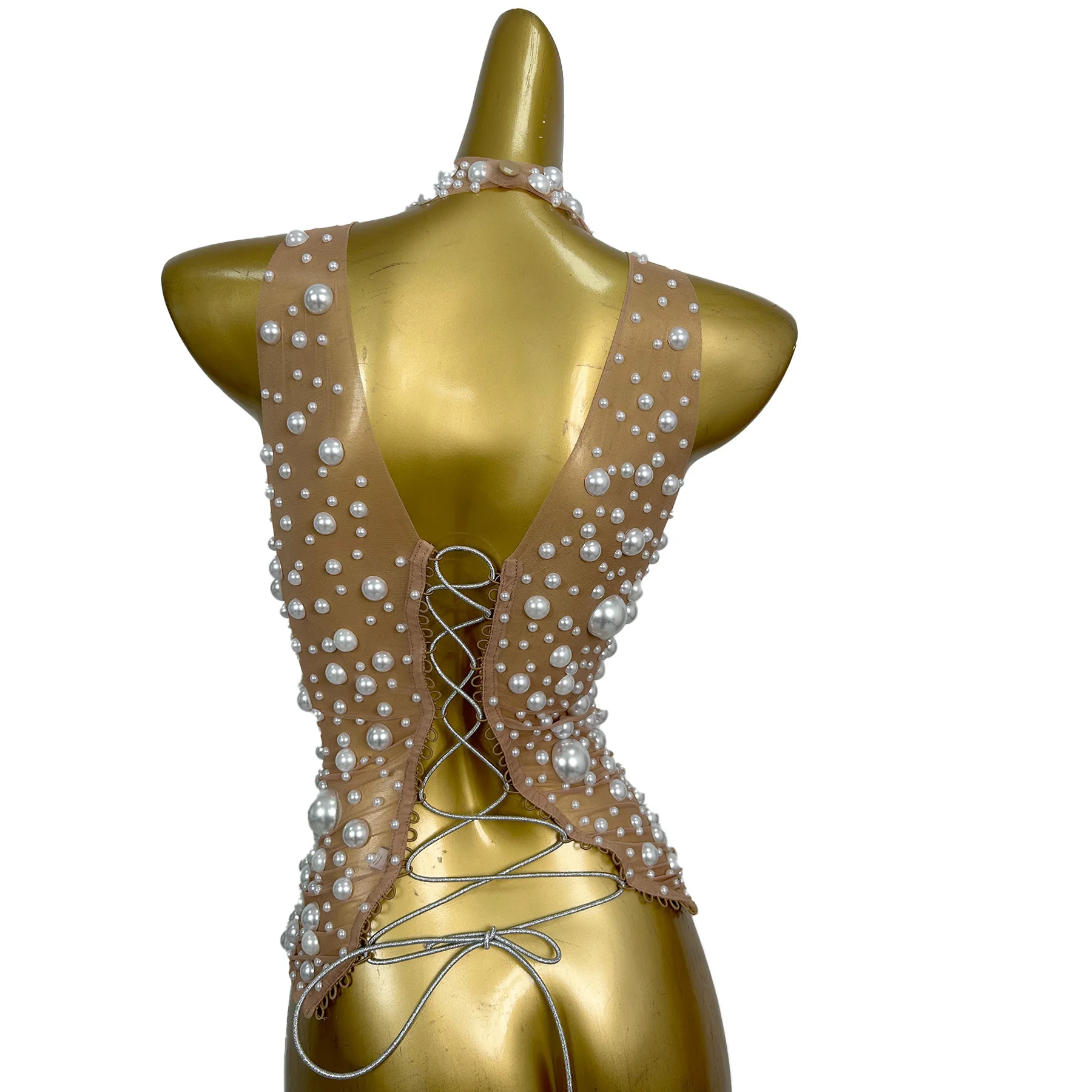 

Dazhu Elegant Women Sleeveless Top Gorgeous Pearl Strap Perspective Mesh Inner Birthday Wedding Cocktail Prom Gowns Bar Clothes