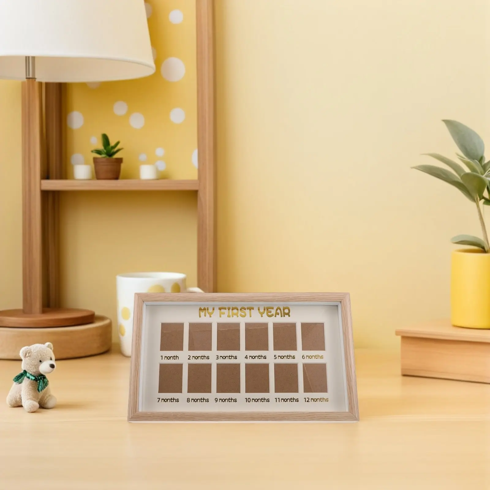 First Year Photo Frame 12 Slots Wood Growth Record Picture Frame Tabletop Wall Hanging Monthly Photo Board
