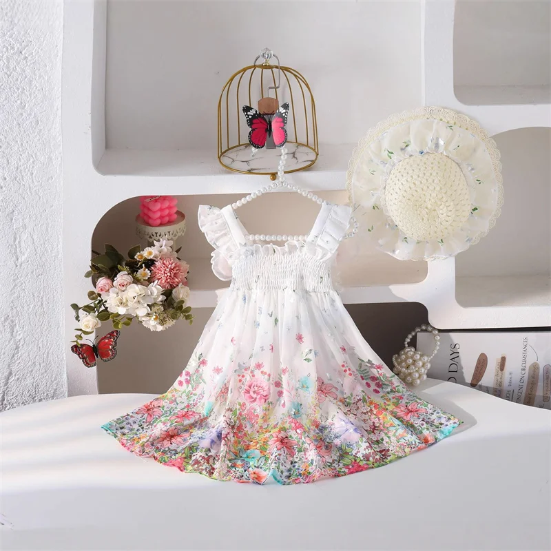 Children Fashion Dresses Girls 3D Butterfly Fairy-Style Petal Sleeve Flower Print Dress Kids Elastic Waist A-Line Skirt 3-10Y