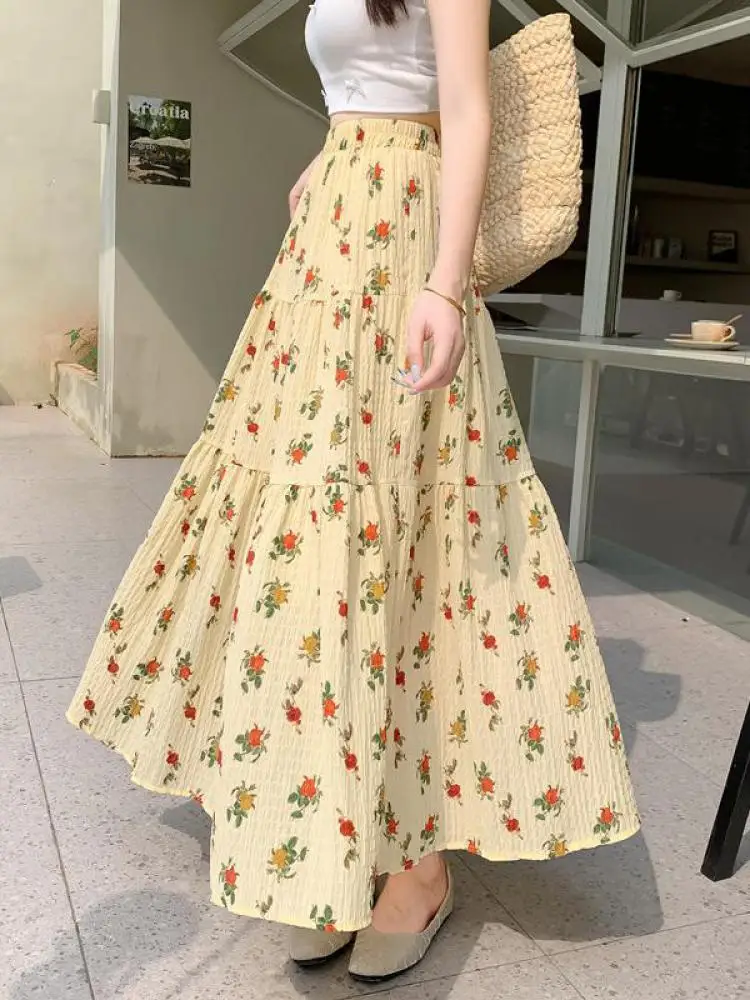 

Spring Summer French Fashion Yellow Floral Elegant Pleated Long Skirt Women Elastic High Waist Party Skirts New Ladies Bohemian
