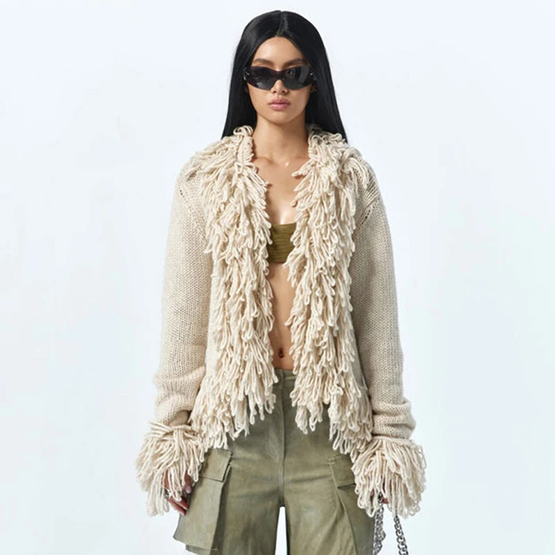 Women Vintage Tassel Knitted Cardigan Top Elegant Long Sleeve Fur Collar Casual Sweaters 2023 Fall Winter Warm Soft Y2K Clothes