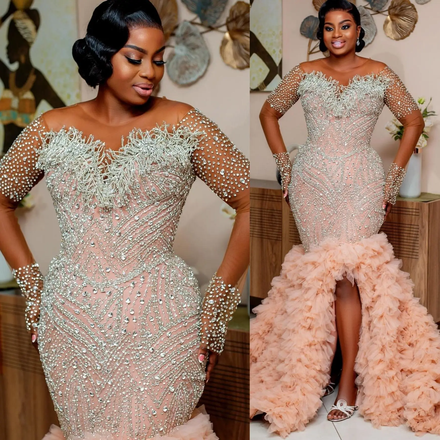 

Customized Arabic Plus Size Blush Pink Mermaid Wedding Dresses Crystals Beaded Sheer Neck Tiers Luxurious Vintage Bridal