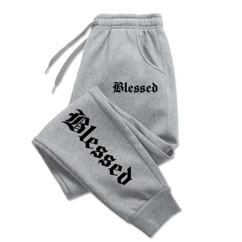 

Autumn Woman Man Couple Sweatpants Blessed Letter Print Tracksuit Pocket Drawstring Sport Pants Fleece Warm Jogging Sportswear