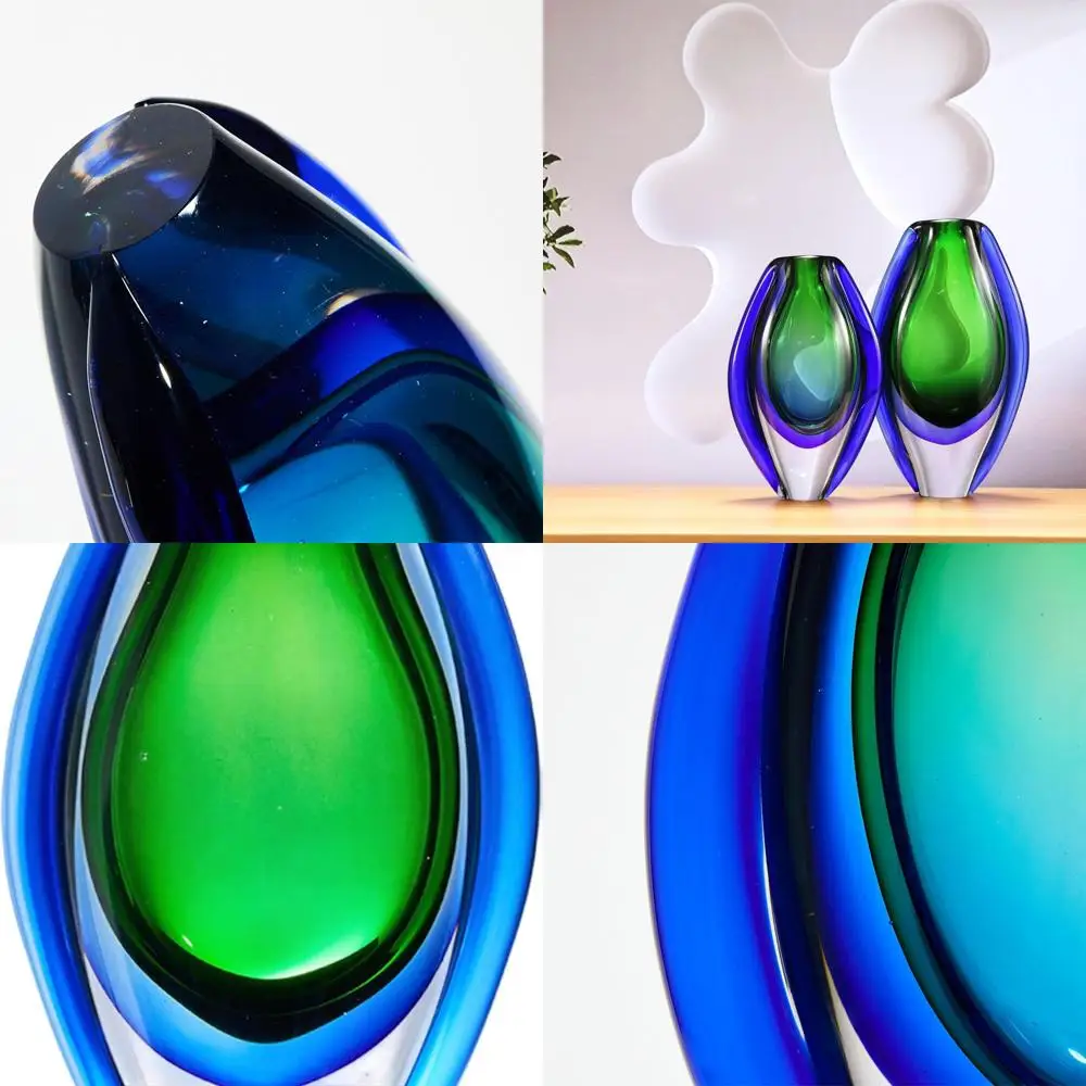 

10 Inch Tall Emerald Green Art Glass Sommerso Oval Vase for Home Decor and Table Centerpieces