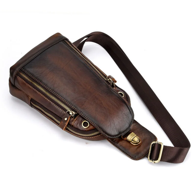 Vintage Full Cowhide Grain Leather Chest Bag For Men Casual Hand Painted And Worn Messenger Bag Male Shoulder Crossbody Bag T201