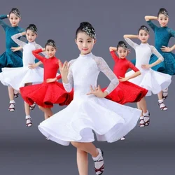 children Ballroom Salsa Tango lace dress Girl long sleeve Latin Dance dress