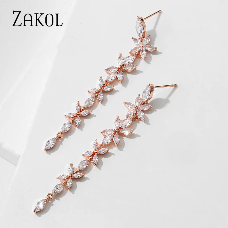 ZAKOL Fashion Cubic Zirconia Flower Long Dangle Earrings for Women Shining Rose Gold Color Bridal Wedding Engagement Jewelry