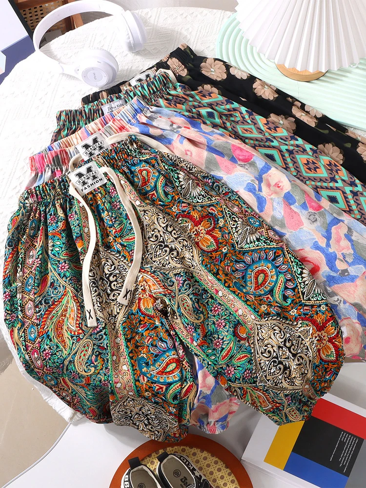 

Summer 2025 Little Girl's Faionable Floral Loose Thin Summer Clothes Mosquito Proof Cool Lantern Pants Korean Sle Silk Top