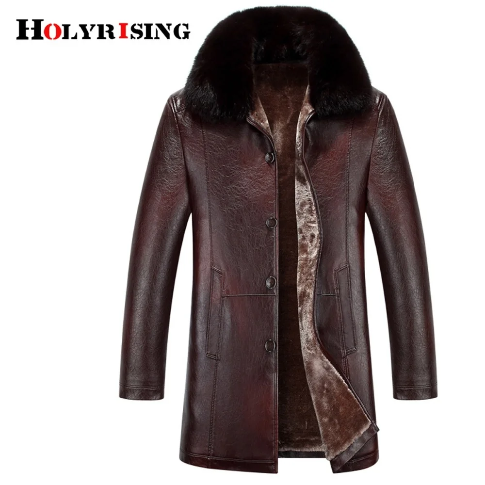 

Holyrising Men Jaqueta Masculina Couro Thick Motorcycle Faux Leather Jacket Warm Long Outwear With True Fur Collars 18520-5