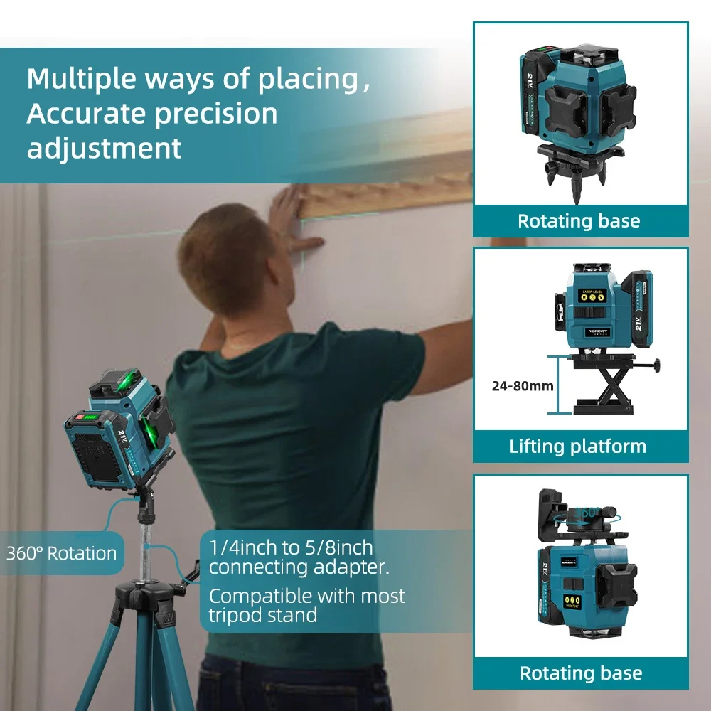 YOFIDRA 4D 16 Linien Ultra Leistungsstarker Grüner Strahl 360 ° Selbstnivellierende horizontale Lasernivelliergeräte mit 1-Meter-Stativ für Makita 21V-Akkus – Detail 7