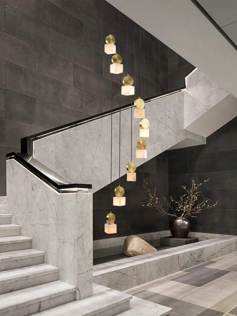 Nordic Duplex Stairway Decorative Square Marble Pendant Light Loft Stairwell Brass Long Strip Pendant Lamp